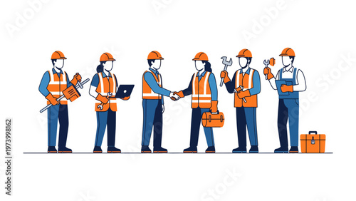 Construction Crew Collaboration: A team of construction workers in safety vests shake hands, symbolizing partnership and dedication to building a stronger future.