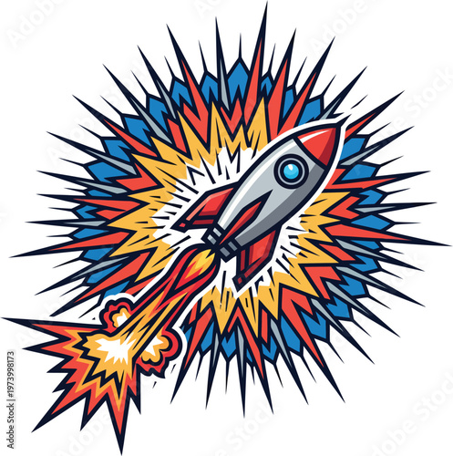 Cartoon Rocket Ship Launching with Fiery Exhaust.