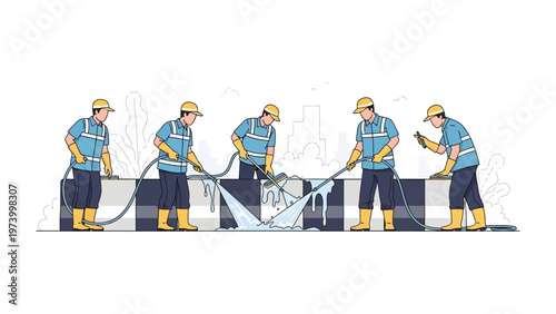 Cleaning Crew at Work: A team of dedicated workers meticulously cleans a section of concrete barrier, employing high-pressure water jets to remove dirt and grime.