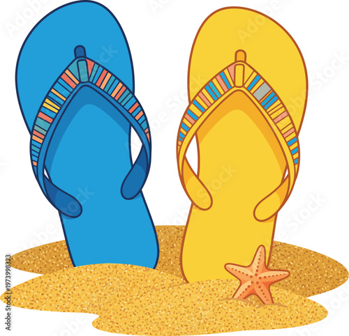 Colorful Flip Flops on Sandy Beach Illustration.