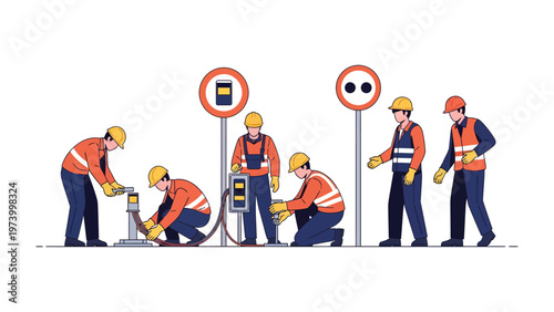 Electricians at Work: A team of skilled electricians are working diligently on a project, demonstrating the importance of electrical safety while they connect wires and maintain power systems.