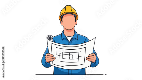 Blueprint and Builder: An architect, clad in a hard hat, meticulously examines a detailed blueprint. This scene evokes focus and precision in the realm of construction and design.