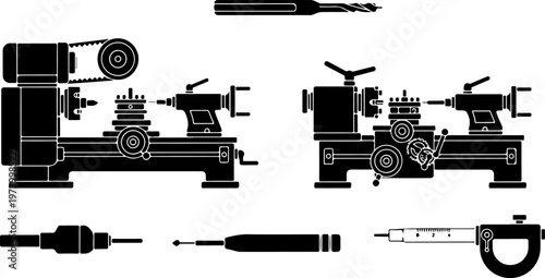 Industrial metal lathe machine silhouette collection with professional mechanical engineering tools including micrometer drill bit and precision turning equipment for factory manufacturing 