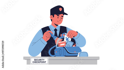 Security Checkpoint Officer Inspecting Bag at Airport. Flat Vector Illustration.