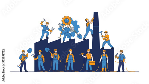 Industry Teamwork Illustration: A collaborative illustration depicts workers constructing an industrial building with tools, teamwork, and a sense of shared purpose.