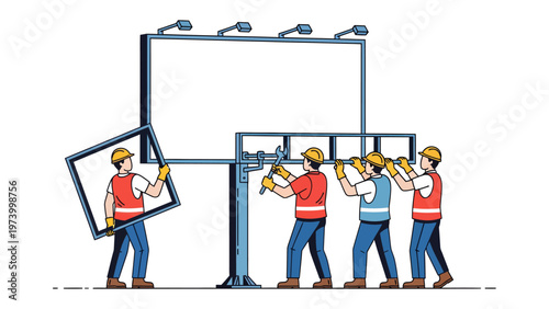 Billboard Installation: A group of construction workers collaborating to erect a prominent outdoor advertising structure, highlighting teamwork and the visual presence of marketing.