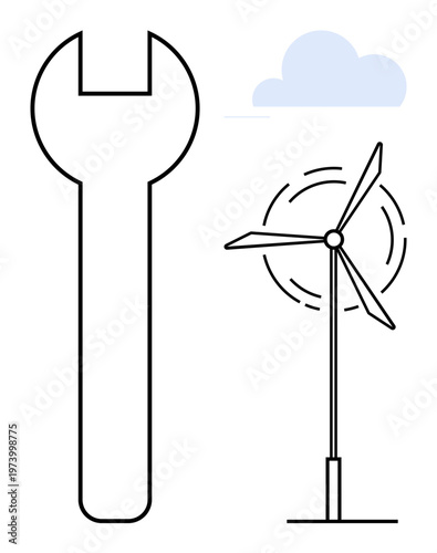 Green energy, renewable resources, eco-conscious engineering, energy solutions, wind power, infrastructure maintenance. Minimalist wrench and wind turbine graphic with cloud. Green energy