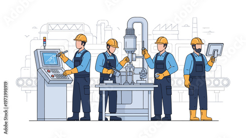 Factory Precision: A team of skilled technicians diligently oversee intricate machinery within a modern factory setting, their focus unwavering as they ensure optimal production.