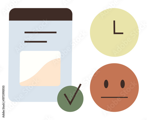 Task prioritization, efficiency, productivity, time management, decision-making, evaluation. Graphic showing a checklist, clock symbol and emotive face. Task prioritization and efficiency concept