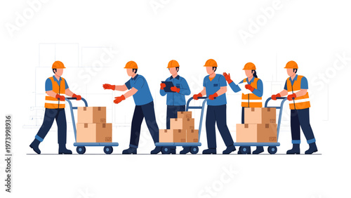 Warehouse Team's Precision: A team of diligent workers collaborates in a bustling warehouse, carefully moving cardboard boxes on wheeled trolleys.