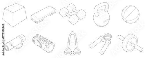 Isometric functional fitness circuit training equipment collection linear drawing