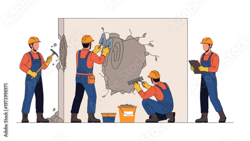 Construction Crew at Work: A team of skilled construction workers, meticulously repairing a damaged wall, demonstrating teamwork and precision in their craft.
