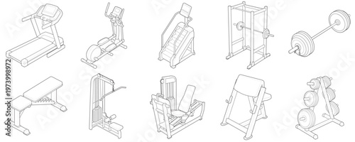 Isometric commercial gym facility equipment collection linear drawing