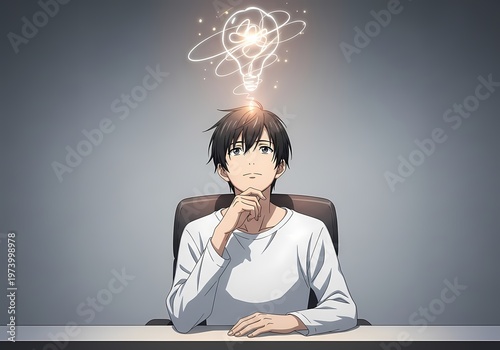 Anime boy thinking with glowing idea lightbulb creativity concept