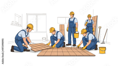 Construction Workers Laying Tiles: A skilled team of construction workers is meticulously laying tiles, showcasing precision and teamwork in a focused environment.