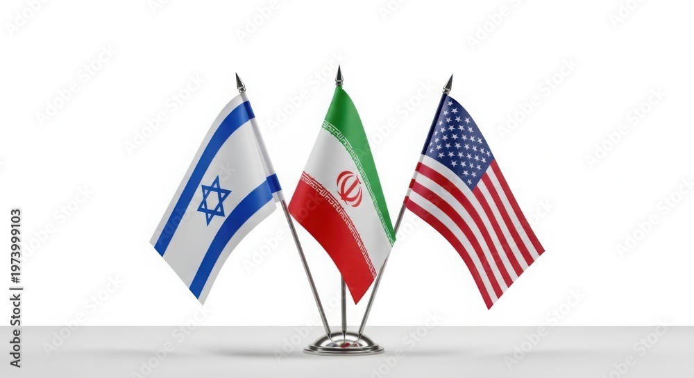 Fototapeta premium Flags of Israel, Iran and USA on pole