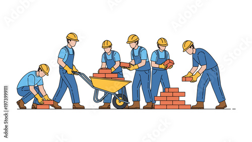 Construction Crew at Work: A team of skilled construction workers collaboratively builds a brick structure, embodying the essence of teamwork and craftsmanship.