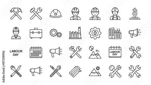 Labour Day Icons: A compilation of sleek, minimalist line icons, representing the spirit of Labour Day, depicting tools, workers, and industrial symbols, ideal for educational or promotional material.