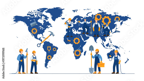 Global Workforce Collaboration: A vibrant illustration showcasing a team of dedicated workers collaborating on a global scale, symbolizing international cooperation and worldwide development.