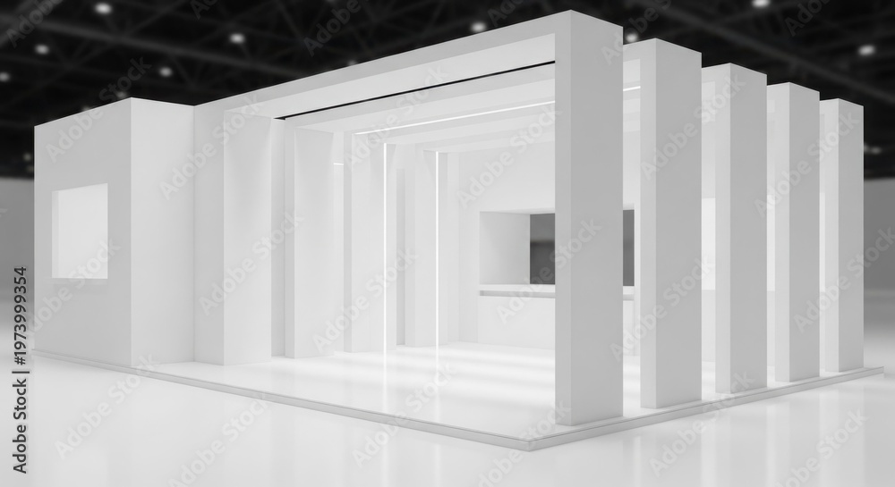Fototapeta premium A modern, minimalist white exhibition booth or trade show stand with architectural design in an event hall, ready for customization.