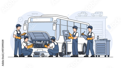 Bus Mechanics at Work: A team of skilled mechanics diligently works on a bus, showcasing their expertise in vehicle maintenance within a well-equipped service bay. 