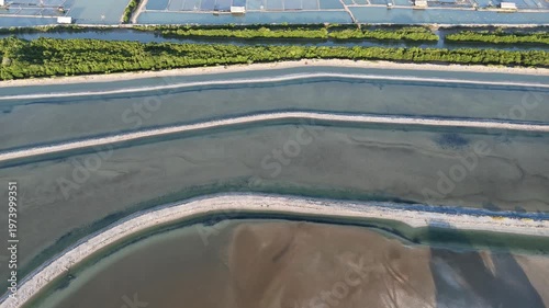 Aerial View of Traditional Salt Evaporation Ponds with Green Mangrove and Water Channels.