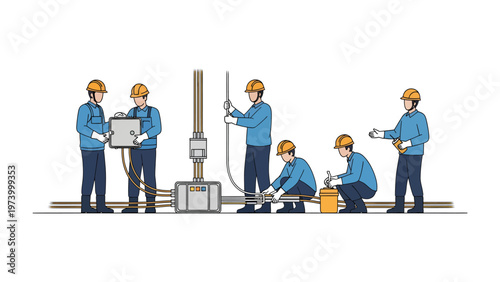 Power Line Workers at Work: A team of skilled power line workers, clad in safety gear, meticulously collaborate to repair and maintain electrical infrastructure.