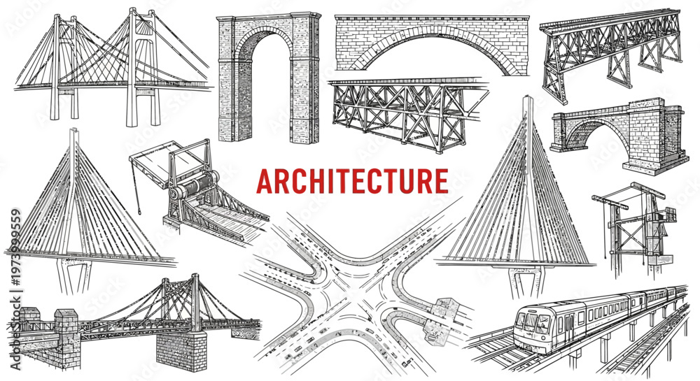 Fototapeta premium Various architectural structures and bridges.