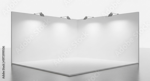 Empty white corner exhibition booth with spotlights, ready for display at a trade show or event.