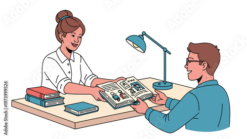 Knowledge Sharing: Woman Handing Open Book to Man at Desk, Education and Learning Concept Illustration