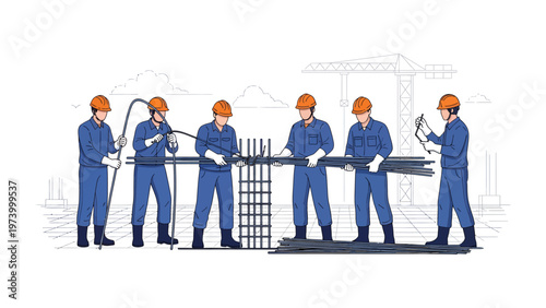 Constructing Strength: A skilled construction crew working on site, demonstrating teamwork to reinforce the foundation with metal rods and beams.