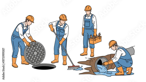 Maintenance Crew in Action: A dedicated maintenance team tackles a variety of tasks, from opening a manhole cover to cleaning up a water leak.