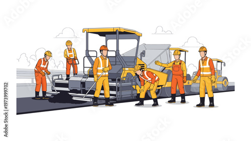 Road Construction Crew in Action: A team of construction workers diligently paving a road, using heavy machinery and working together to build a smooth, efficient transportation route.