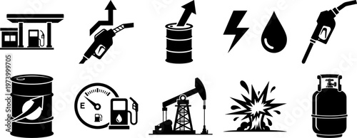 Black icons of fuel and energy concepts on white background