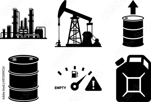 Oil and gas industry icons including pump jack, Barrels, And gas pump