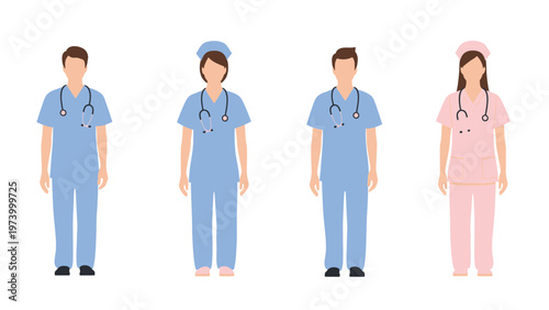 Diverse healthcare professional uniform set: male and female medical staff in blue and pink scrubs with stethoscopes.