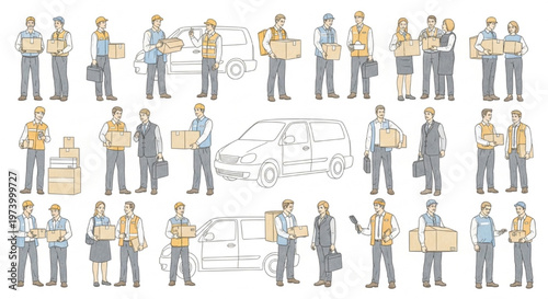 Courier Service People CAD Line Drawing Delivery Staff Outline Vector Collection Logistics Illustration