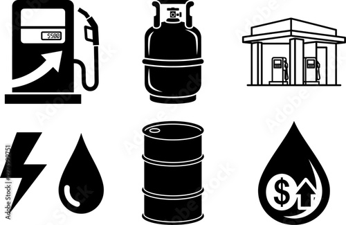 Energy and fuel icons including gas pump, Propane tank, And oil barrel on white background for business and finance concepts