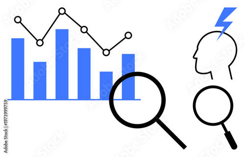 Data analysis concept. Visually data analysis with bar graphs, line charts, and magnifying glass symbols. Data analysis icons for business, science, education, research, and technology