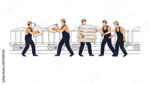 Loading Labor: Workers collaborate to load goods onto a freight train. Conveying the essential aspects of teamwork and industry