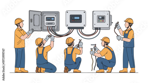 Electrical Team at Work: A team of skilled electricians collaborating diligently on an electrical panel. Illustrating precision, teamwork, and the importance of safety in their profession.