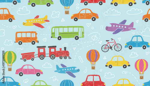 Colorful transportation vehicles and hot air balloons on light blue background with clouds and hearts