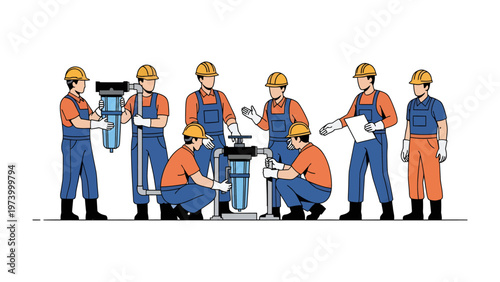 Water Filtration Installation: Skilled professionals collaborate to install water filtration systems, highlighting industry expertise and teamwork.