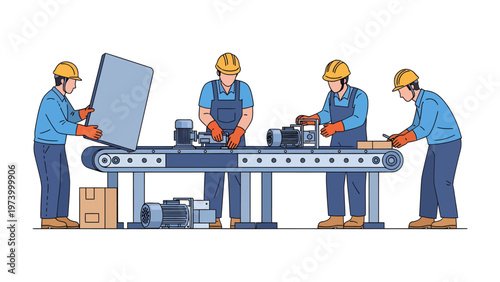 Assembly Line Precision: Dedicated workers meticulously assemble a product on a modern assembly line, showcasing efficiency and the seamless coordination of production in an industrial setting.
