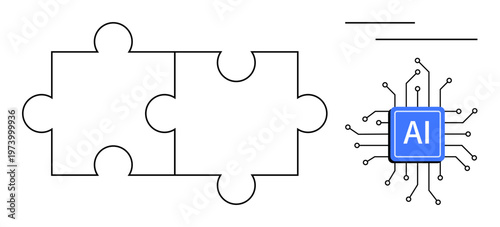 Artificial intelligence, data analysis, technology integration, problem-solving, machine learning, innovation. Two puzzle pieces and a digital AI chip interconnected. Artificial intelligence and data