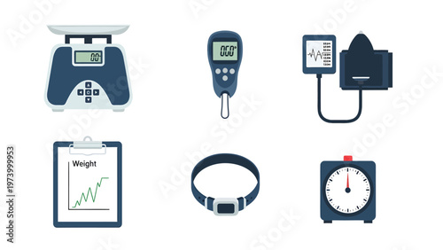 Digital Health & Wellness Monitoring Devices Icon Set: Scales, Blood Pressure Monitor, Weight Chart, Pet Collar, Timer