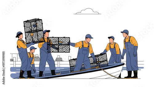 Coastal Crew at Work: A team of dedicated fishermen collaborates on a boat, skillfully loading fishing traps, showcasing the spirit of teamwork, manual labor and coastal life.