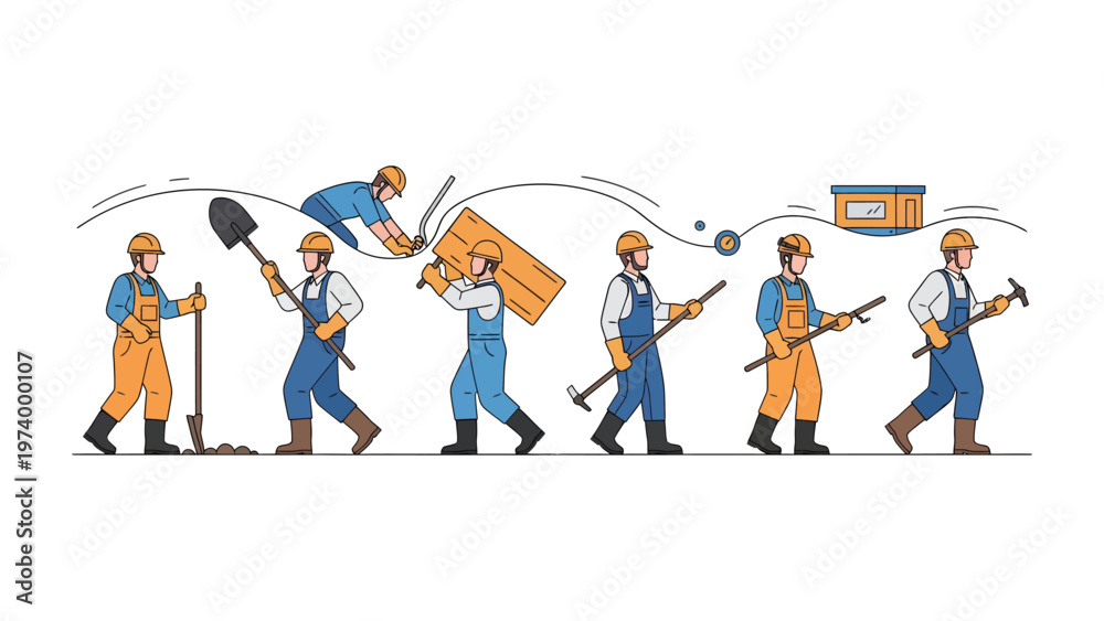 Fototapeta premium Construction Worker Sequence: A dynamic illustration showcases a construction worker performing various tasks, from digging with a shovel to carrying lumber and using tools.