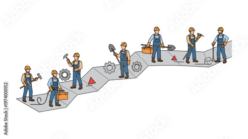 Construction Process Illustration: An illustration of a construction project, showcasing workers in the process of building, equipped with various tools on a stepped platform.