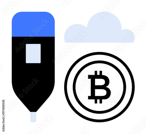 Cryptocurrency, blockchain technology, digital wallets, cloud computing, fintech applications, investment tools. Stylized Bitcoin logo, cloud icon and secure data transfer concept. Cryptocurrency